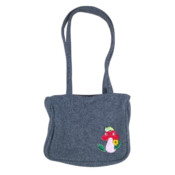 Handbags - Gray Felt Shoulder Bag Whimsical Mushroom Caterpillar Applique Zipper  closure